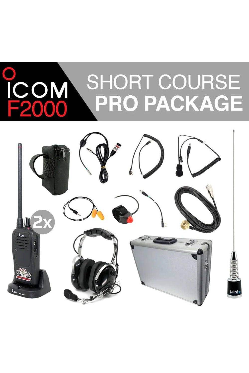 Short Course F2000 PRO Package with radios, headset, antenna, and carrying case.