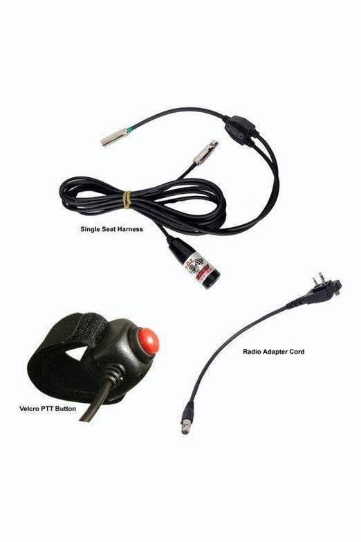 Single Seat Kit with harness, velcro PTT button, and radio adapter cord for handheld radios.