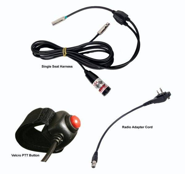 Single Seat Kit with Velcro steering wheel PTT, single seat harness, and radio interface cable for Icom, Kenwood, and Baofeng radios