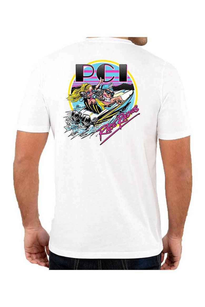 PCI Speedster Shirt: Classic white tee with colorful boat design, ideal for boating enthusiasts, sizes S-XL.