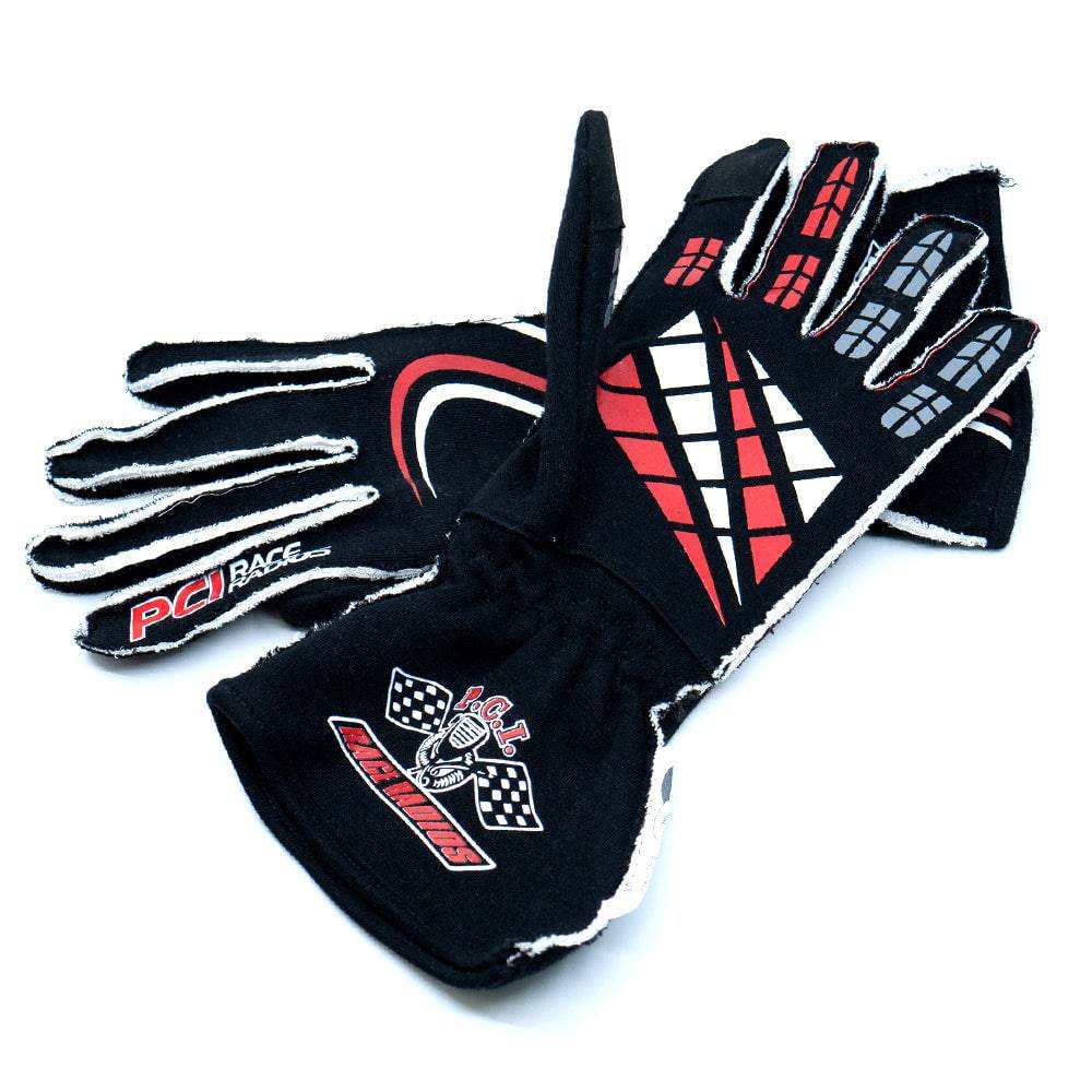 Close-up of PCI Driving Gloves featuring pre-curved fingers and silicone grip for racing comfort and control
