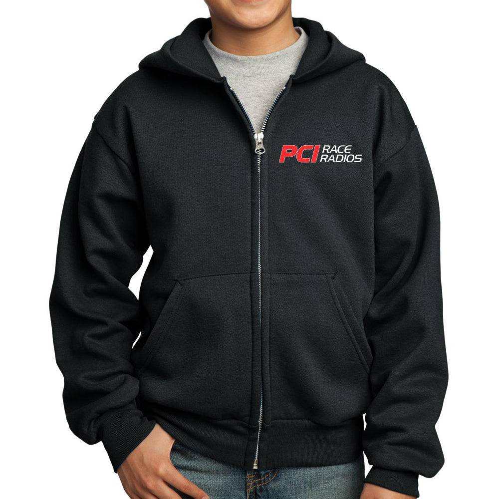 Youth wearing PCI Kids Zip Up Hoodie in black and red, warm and comfortable off-road apparel for kids