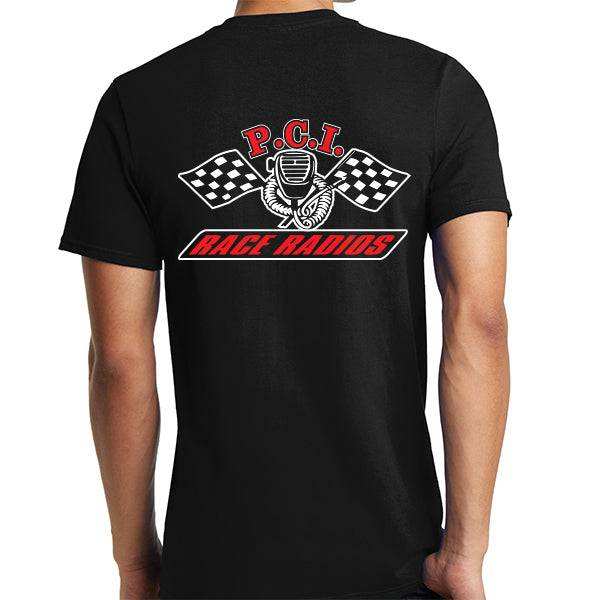 Black PCI Race Radios shirt with logo on front and back, high quality and soft material