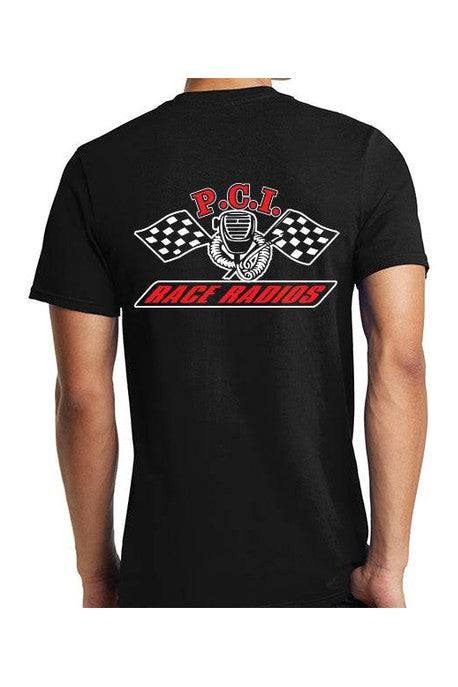 Black PCI Race Radios shirt with logo screen printed on front and back.