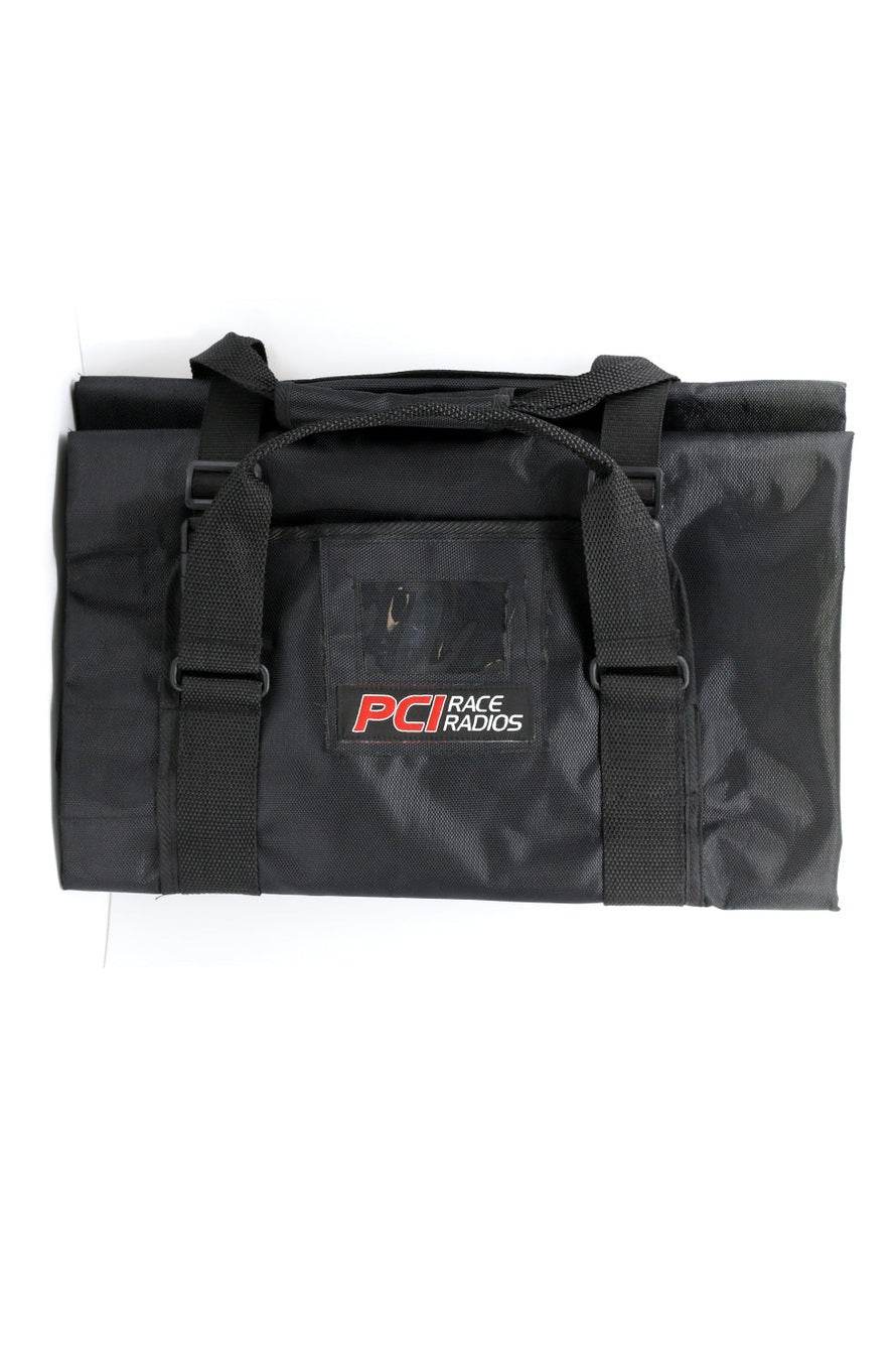 Black tool wrap with hand carry design for quick access to tools.