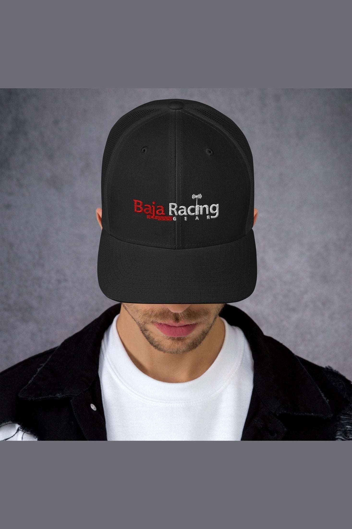 Baja Racing Gear trucker cap with logo, black six-panel design, mesh back, adjustable fit.