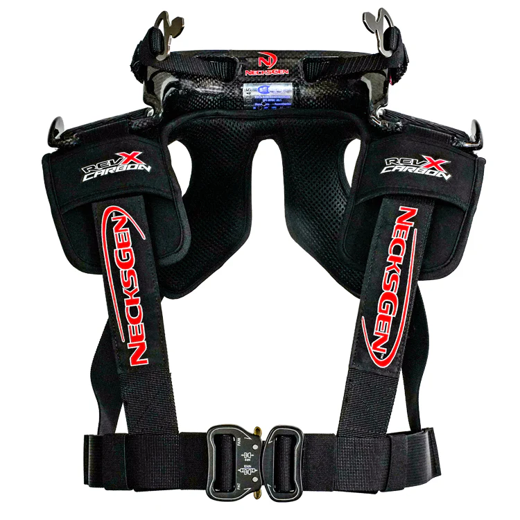 NecksGen REV X Carbon lightweight carbon fiber head and neck restraint with adjustable X strap system and quick release helmet hardware