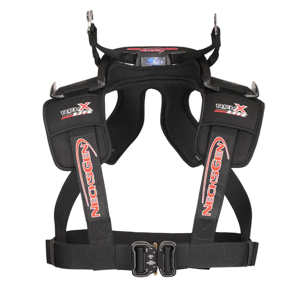 Necksgen REVX Lite carbon fiber head and neck restraint with adjustable X strap system and quick release helmet hardware