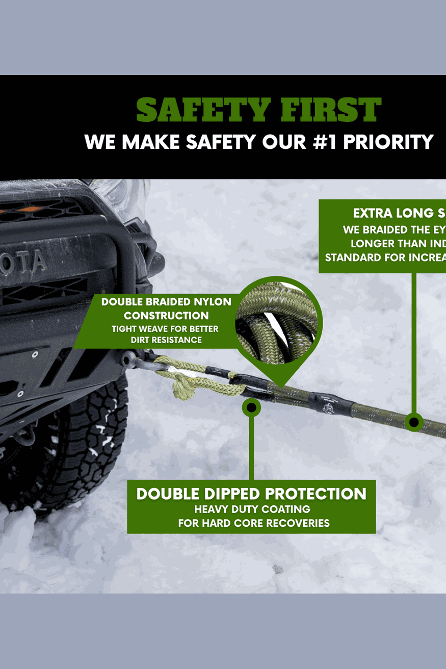 Off-road truck using Titan Recovery Kit with double braided nylon construction in snowy terrain, featuring extra long straps and double dipped protection for safety.