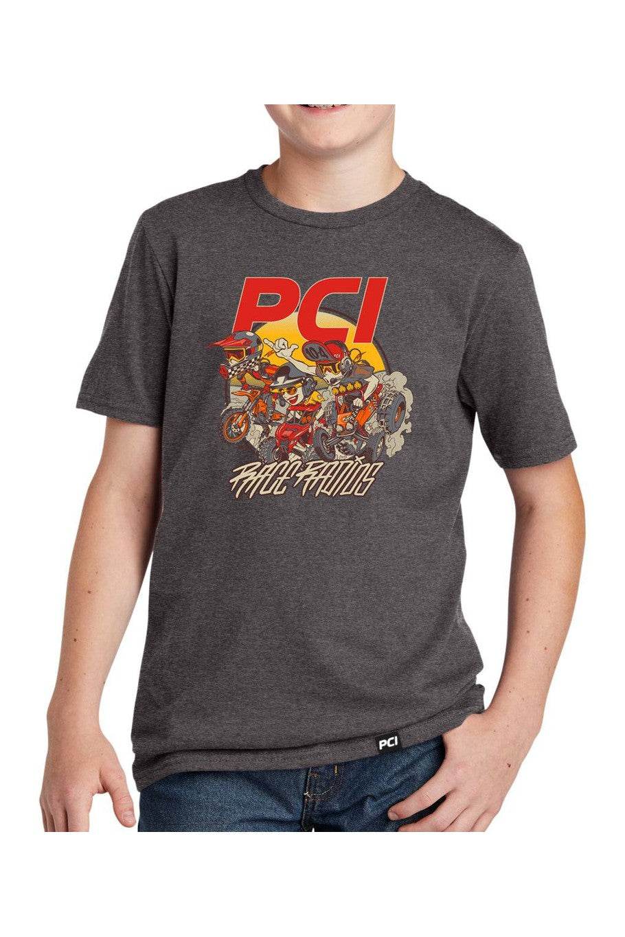 PCI Sandstorm Youth Shirt with dynamic dune artwork, 100% combed ring spun cotton, rib knit neck.