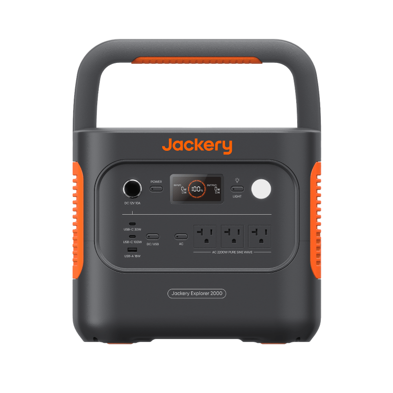 Jackery Explorer 2000 v2 portable power station with 2042Wh LiFePO4 battery, 2200W output, compact and lightweight design for indoor and emergency use