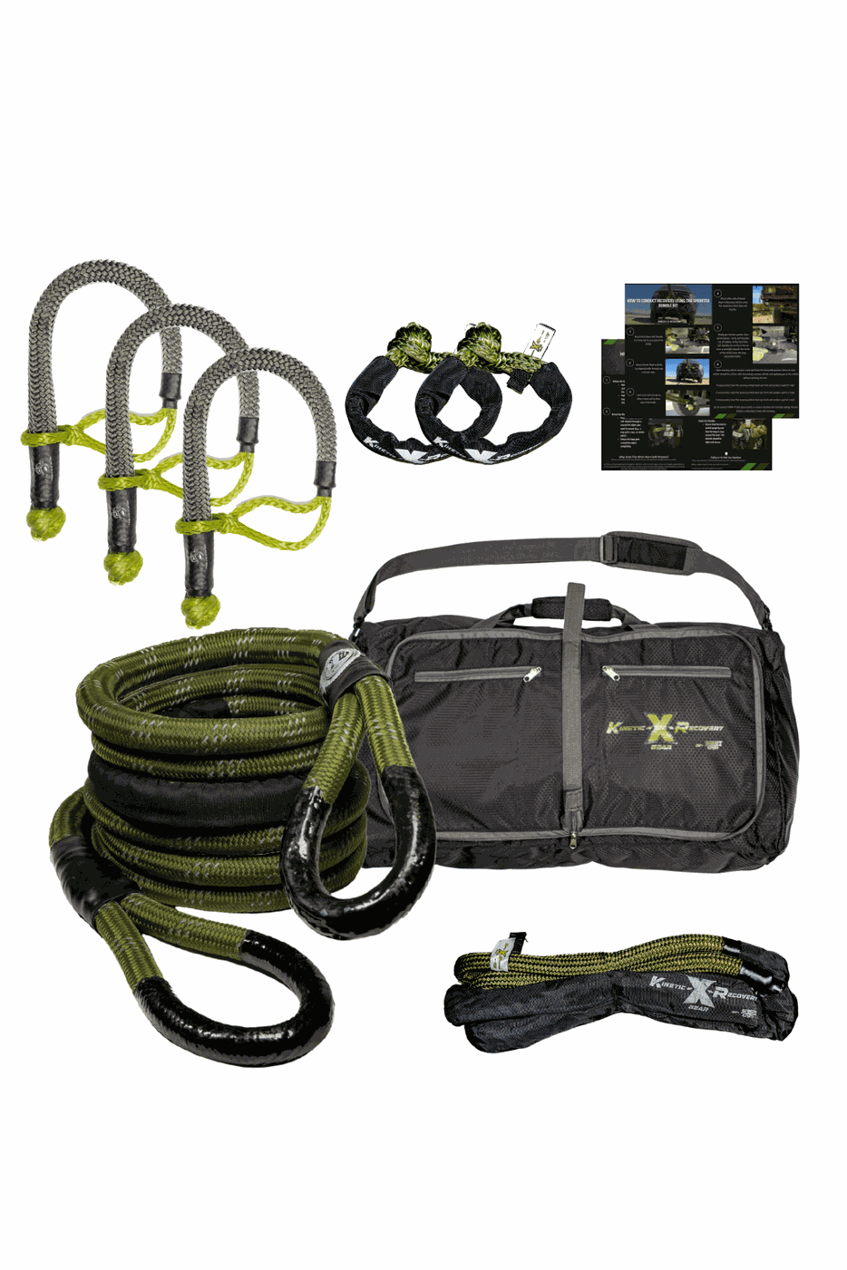 Sprinter Van Recovery Kit with ropes, shackles, bridle, carrying bag, and instructions for off-road self-recovery.