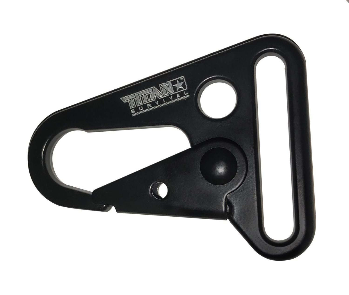 TITAN Survival HK-Style Snap Hooks, heavy-duty black metal clips for tactical gear.