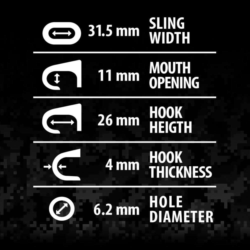 Snap hook specifications infographic with dimensions for sling width, mouth opening, hook height, thickness, and hole diameter.