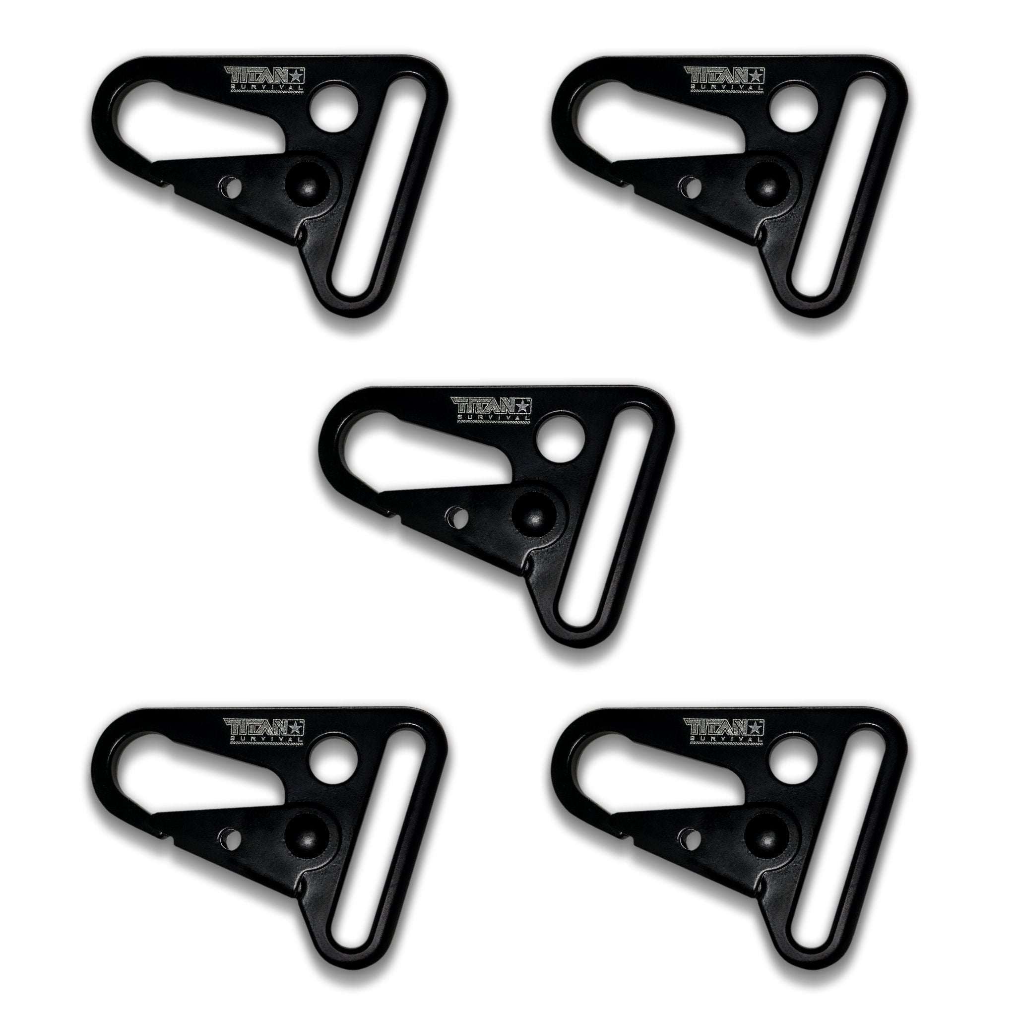 5-pack of HK-Style heavy-duty black metal snap hooks by TITAN Survival, ideal for tactical slings and gear.