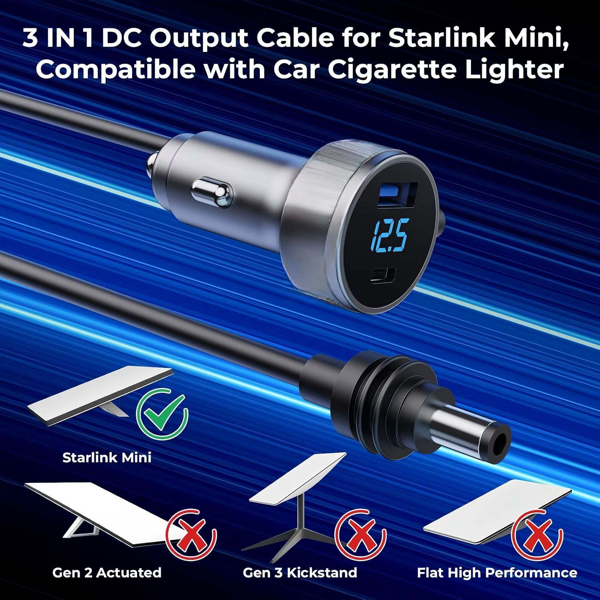 Starlink Mini Dual USB Car Charger with digital voltmeter, waterproof extension cable, and fast QC/PD charging for 12V-24V vehicles.