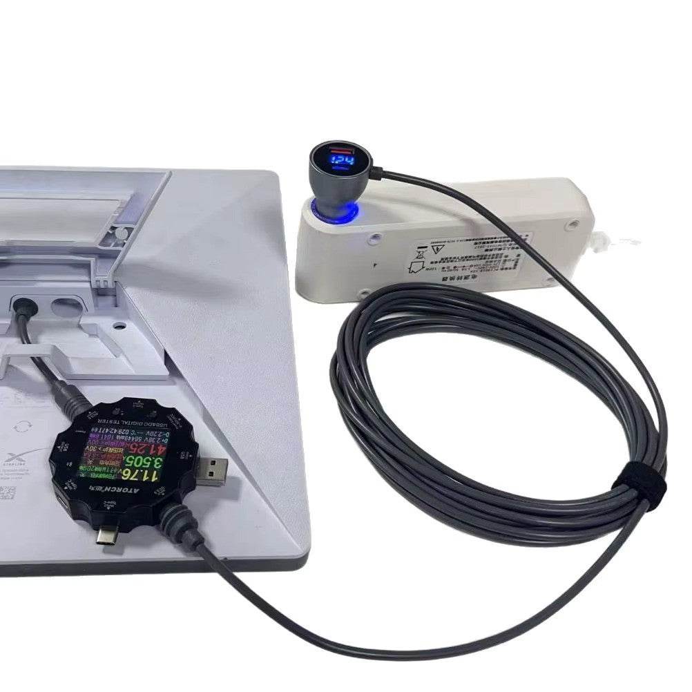 Starlink Mini Dual USB Car Charger with digital voltmeter, waterproof extension cable, and fast QC/PD charging for 12V-24V vehicles.