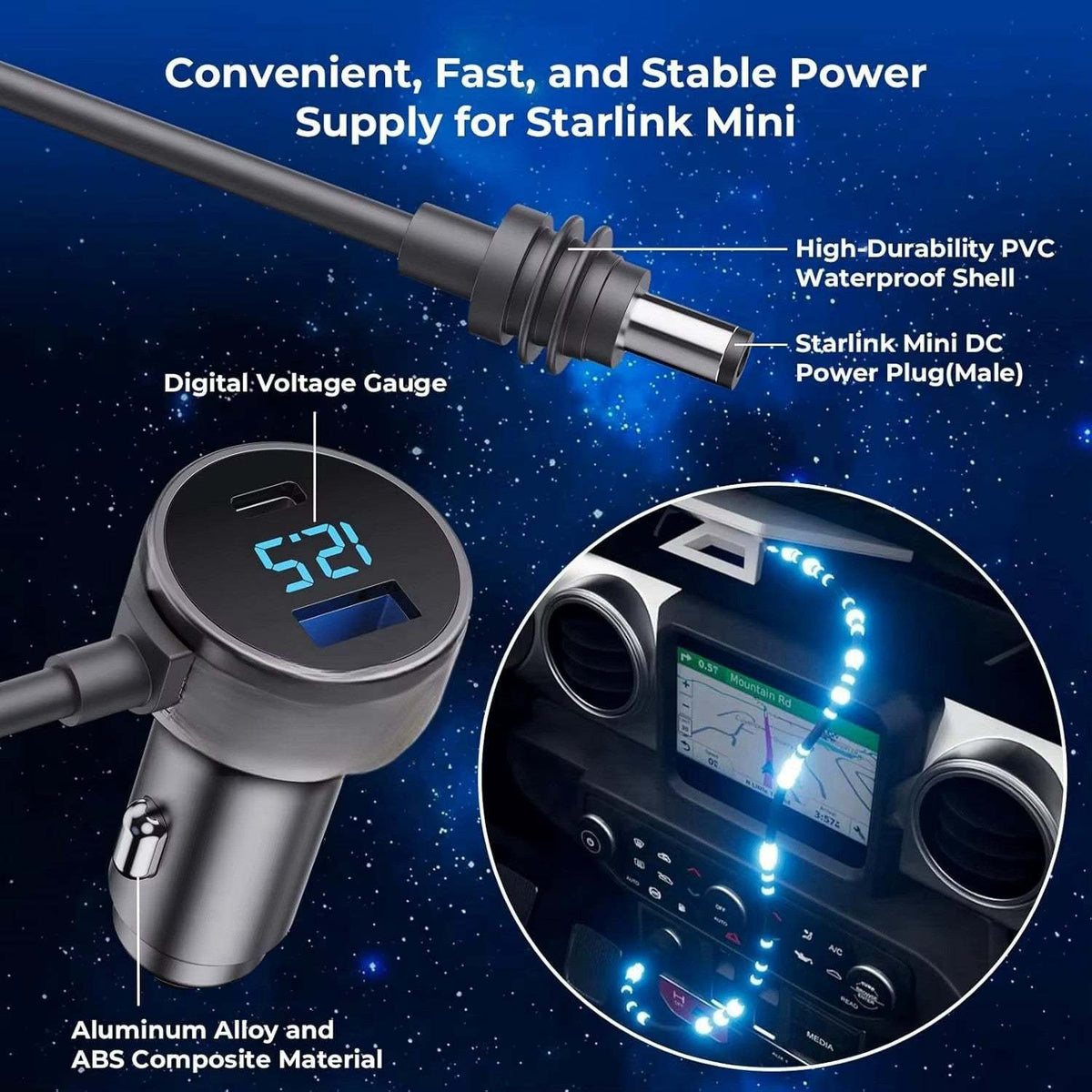 Starlink Mini Dual USB Car Charger with digital voltmeter, waterproof extension cable, and fast QC/PD charging for 12V-24V vehicles.