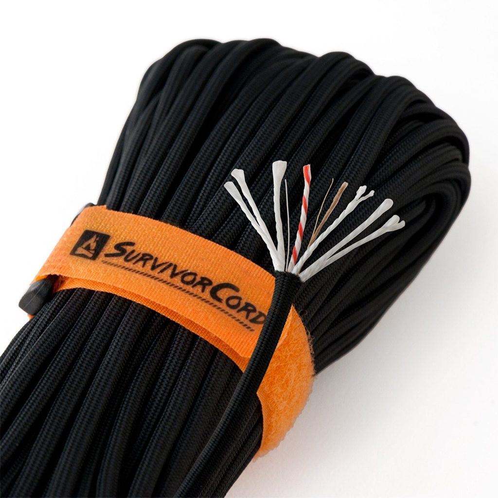 SurvivorCord - Tactical Black 100 FT Paracord with Fire Tinder