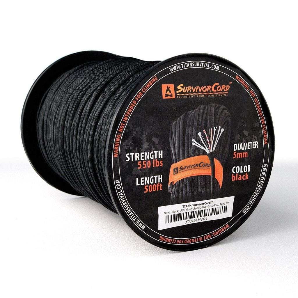 SurvivorCord - Tactical Black 100 FT Paracord with Fire Tinder
