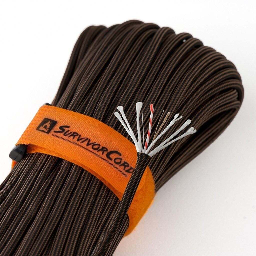 Bronze SurvivorCord with integrated fire tinder, fishing line, and utility wire for survival needs.