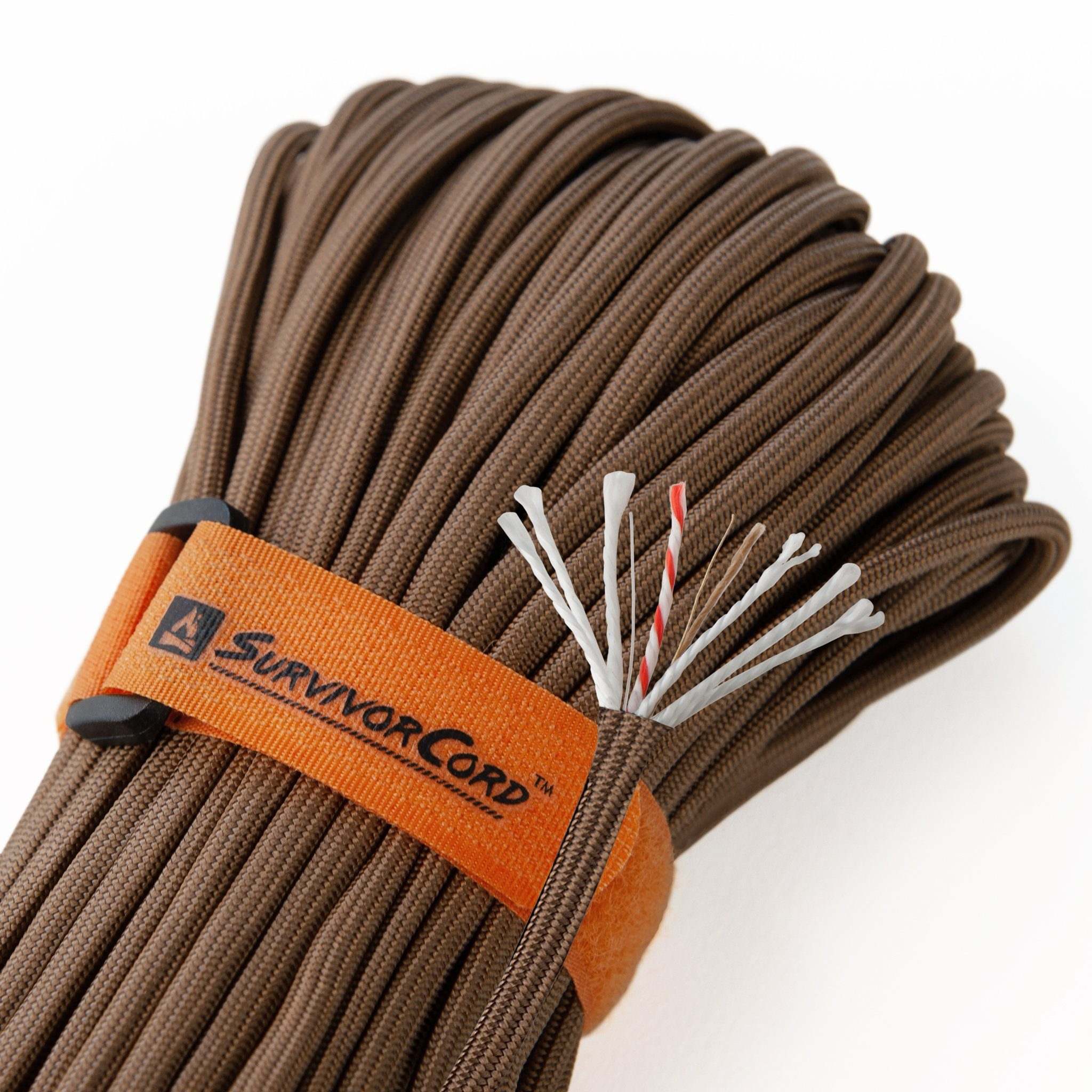 SurvivorCord Dark Earth 100 FT survival paracord with fire tinder, fishing line, utility wire.