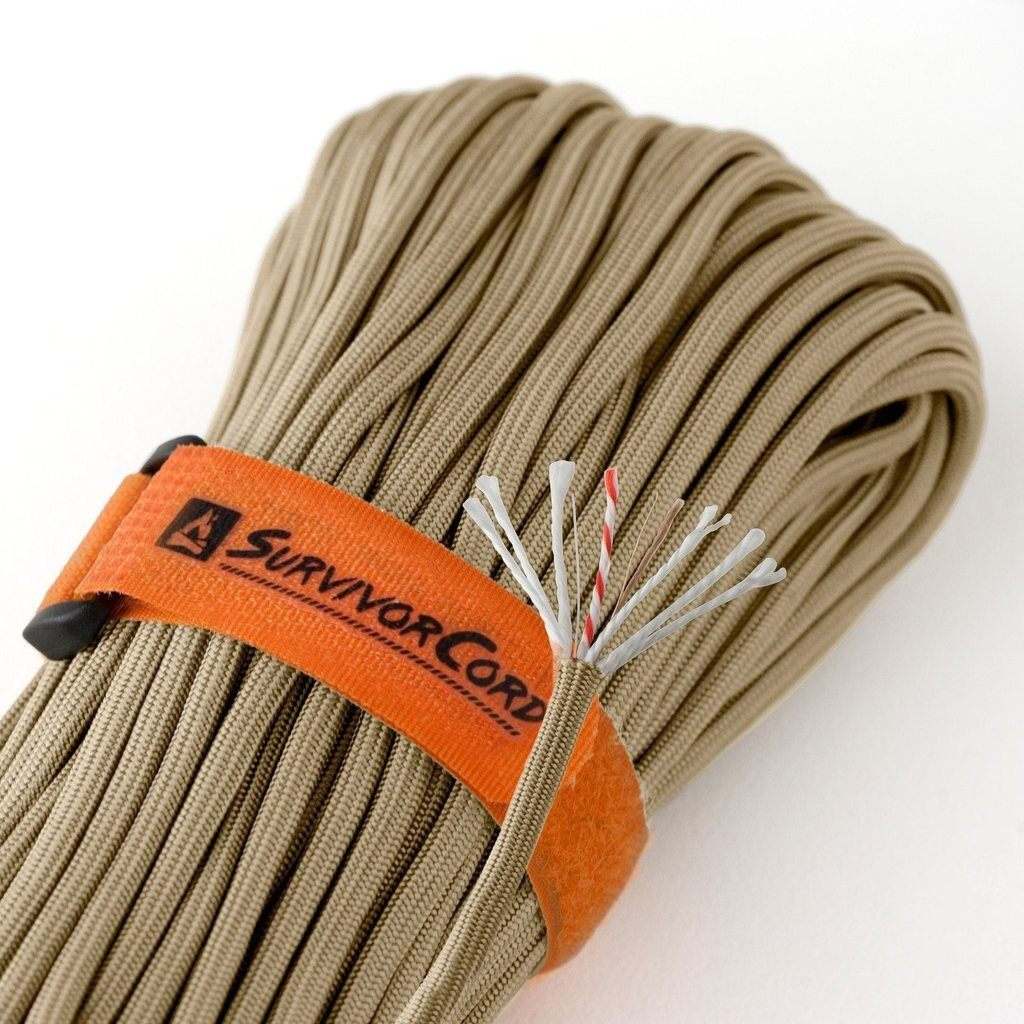 SurvivorCord Desert Tan 100 FT survival paracord with integrated survival strands, ideal for tactical and emergency use.
