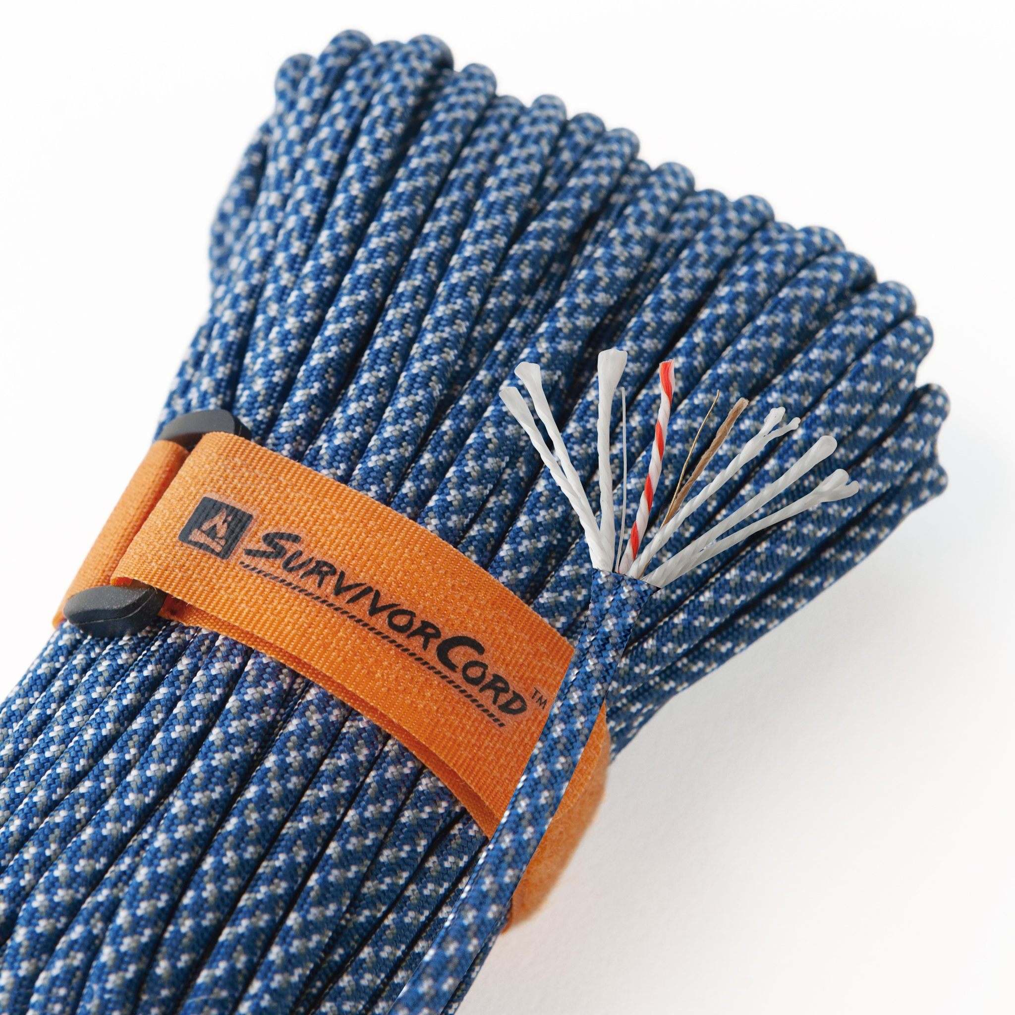 SurvivorCord Digi-Blue 100 FT survival paracord with fire tinder, fishing line, and utility wire.