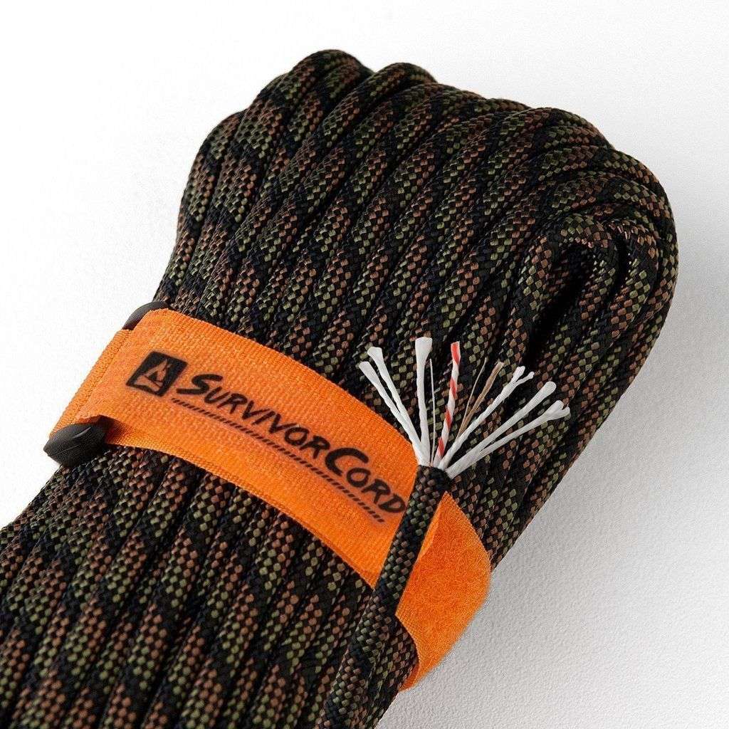 SurvivorCord Dragonscale 100 FT survival paracord with integrated fire tinder, fishing line, and utility wire.