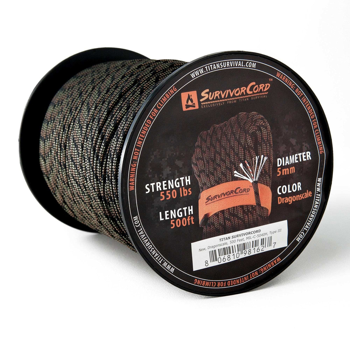 SurvivorCord Dragonscale 100 FT survival paracord with integrated fishing line, fire tinder, and utility wire.