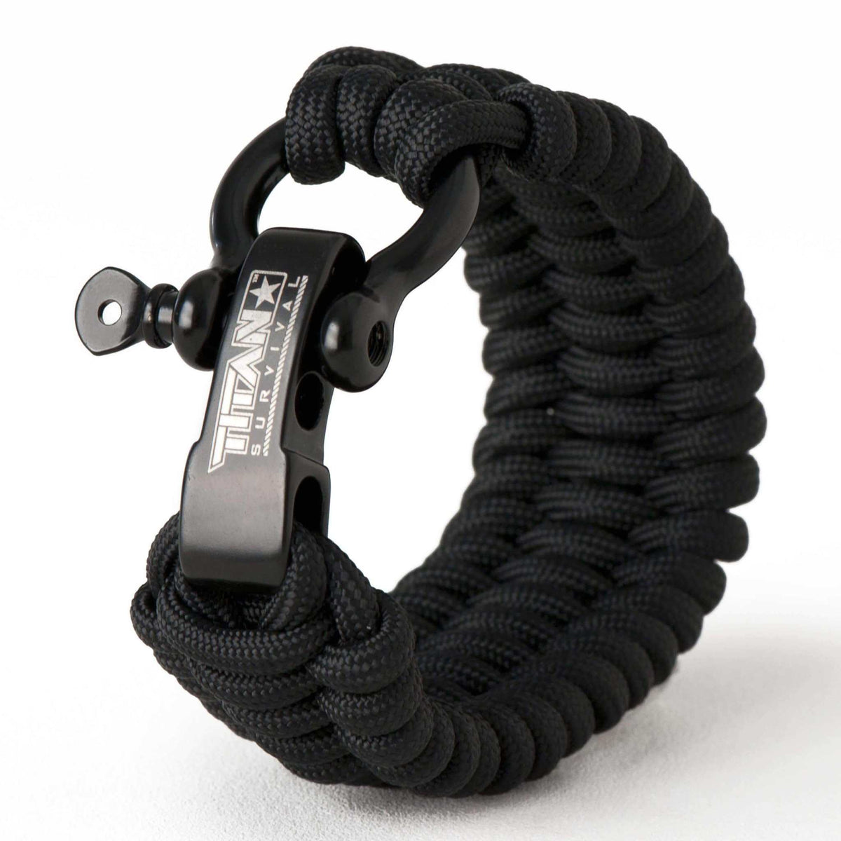SurvivorCord Paracord Survival Bracelet with fire tinder, fishing line, and snare wire; Trilobite weave design with stainless steel shackle.