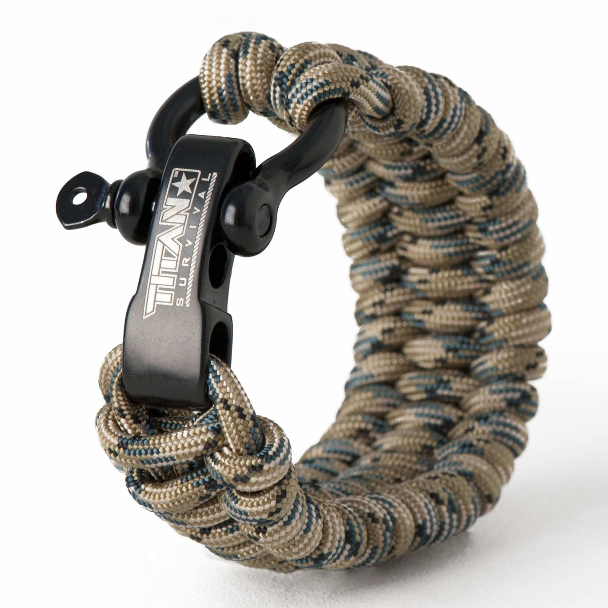 SurvivorCord Paracord Survival Bracelet with fire tinder, fishing line, and snare wire; Trilobite weave design with stainless steel shackle.