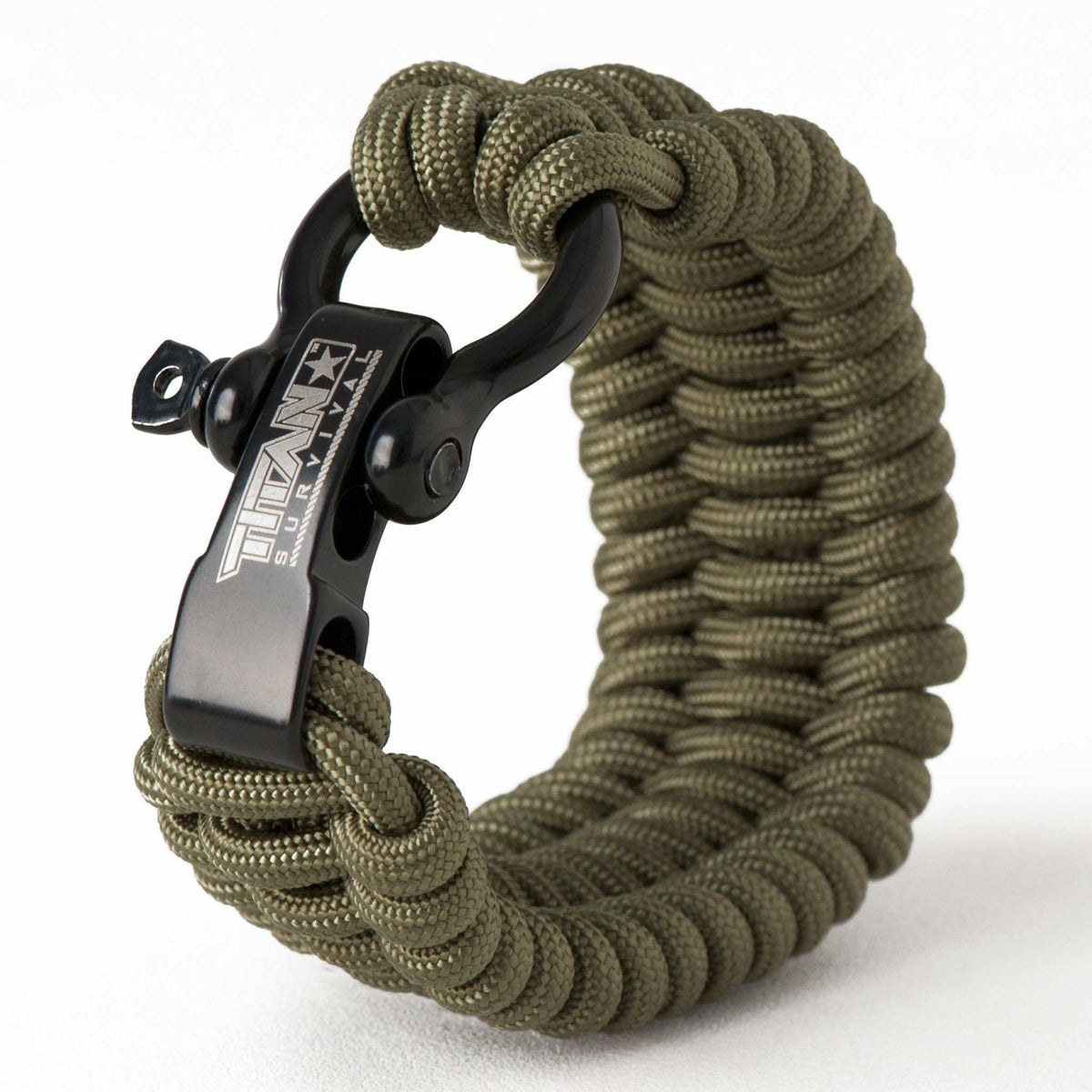 SurvivorCord Paracord Survival Bracelet with adjustable shackle and Trilobite weave design.