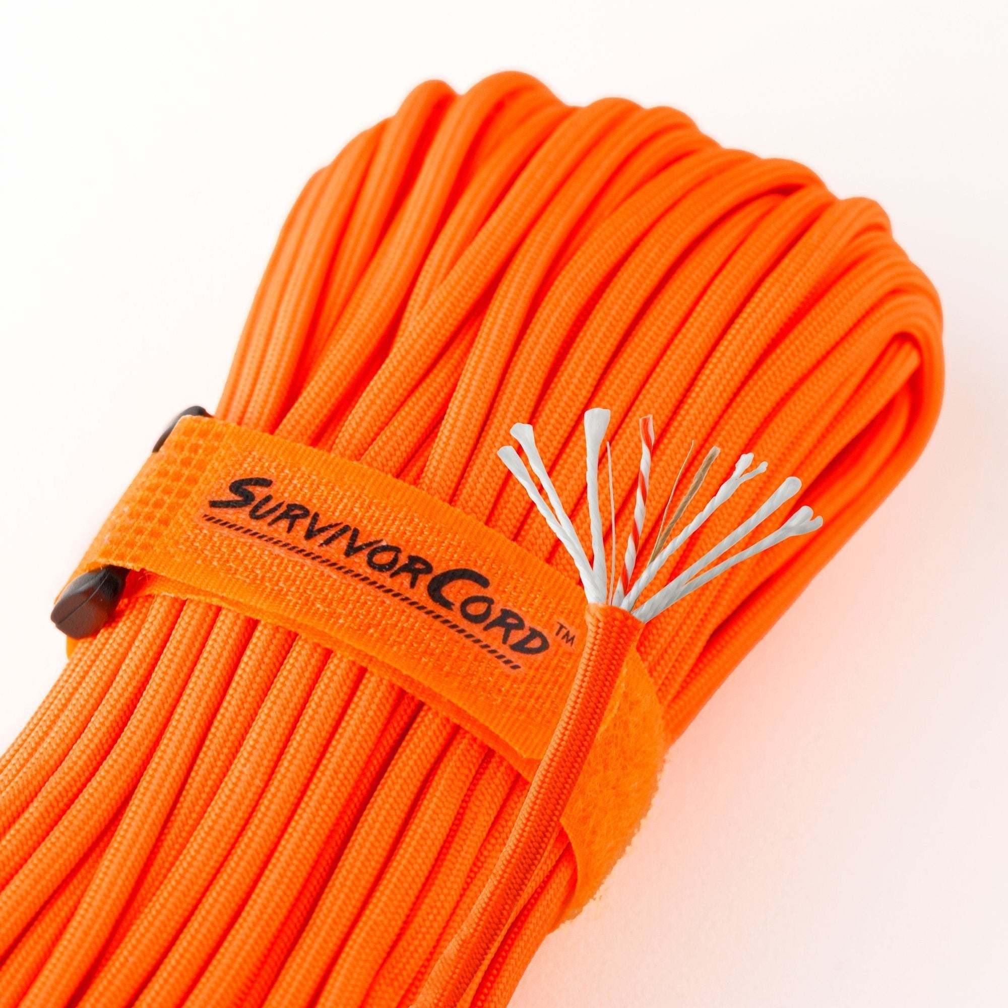 SurvivorCord Safety-Orange 100 FT Paracord with Fire Tinder