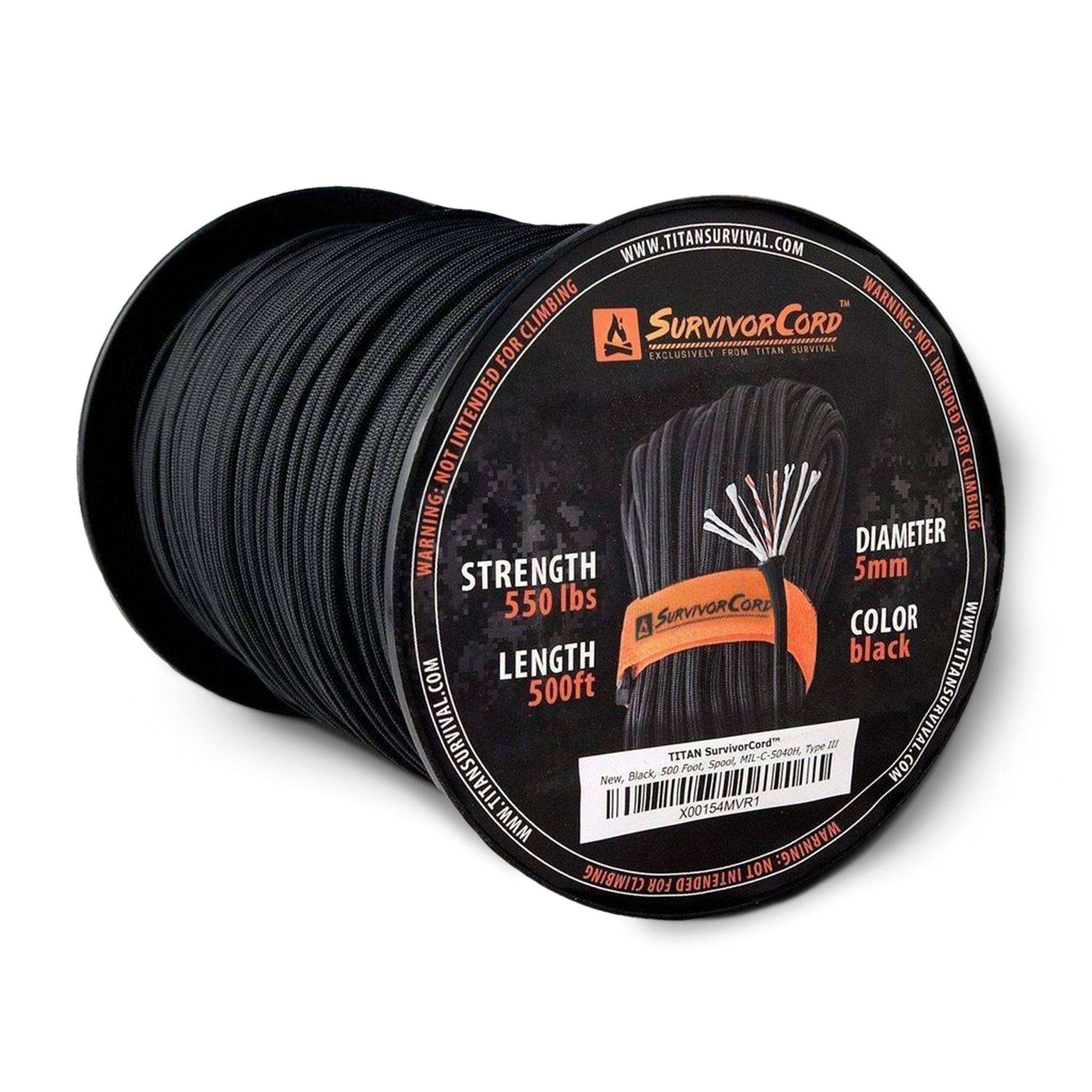 SurvivorCord Spool in Tactical Black, 500 FT MIL-STYLE 550 paracord with fishing line, fire tinder, and utility wire.