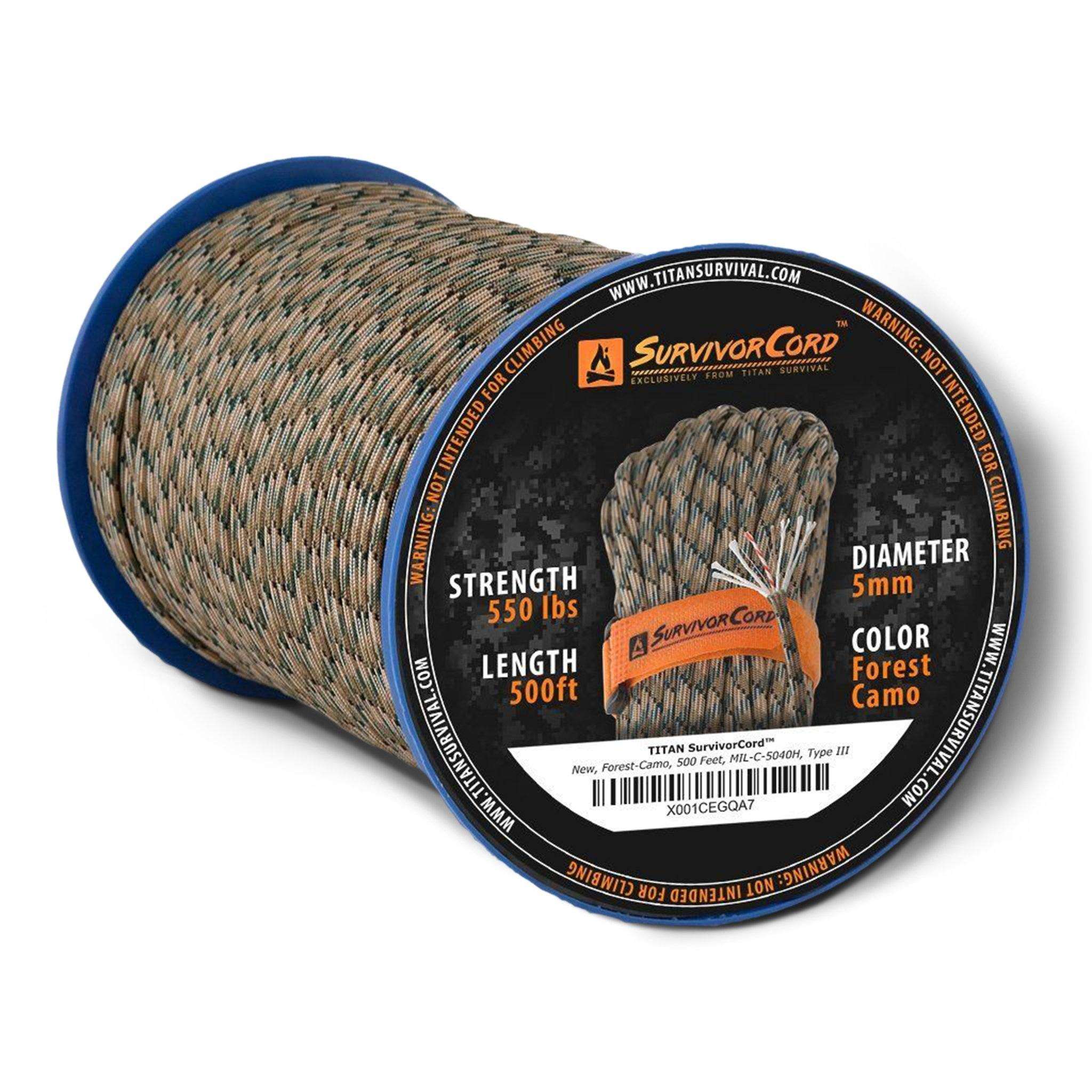 SurvivorCord Forest Camo 500 ft spool 550 lbs strength tactical paracord with fire tinder fishing line and utility wire