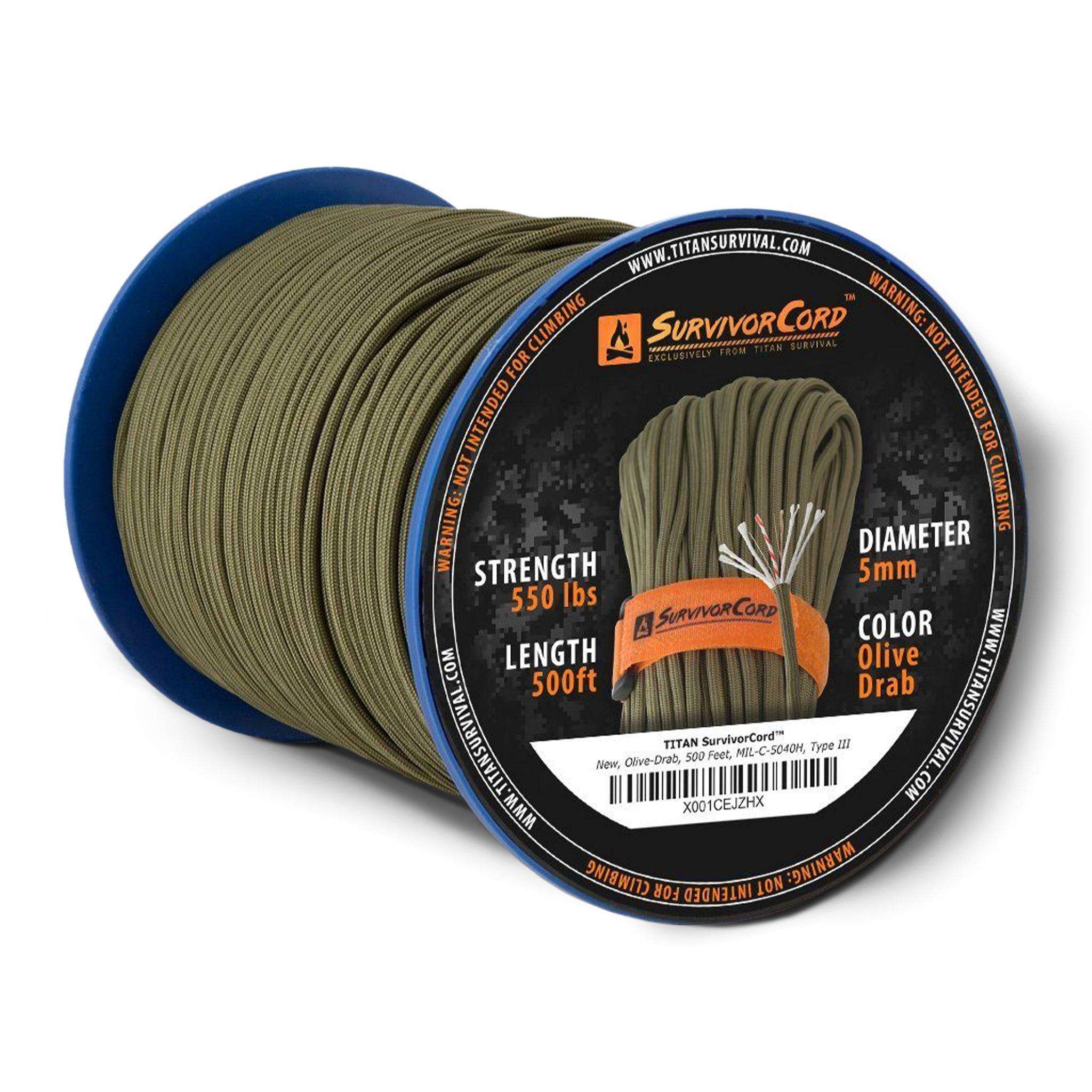 SurvivorCord Olive Drab 500 FT spool, MIL-STYLE 550 paracord with integrated fire tinder, fishing line, and utility wire; tactical, military-grade strength.