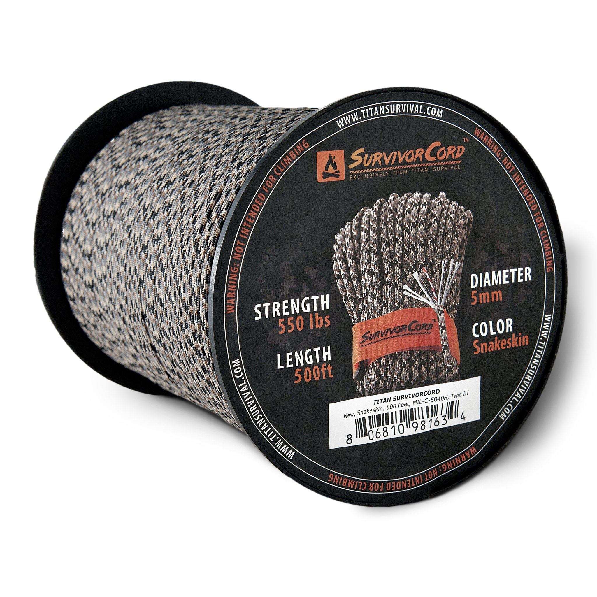 SurvivorCord Spool in Snakeskin pattern, 500 ft of tactical 550 paracord with integrated fire tinder, fishing line, and utility wire, great for survival and outdoor use.