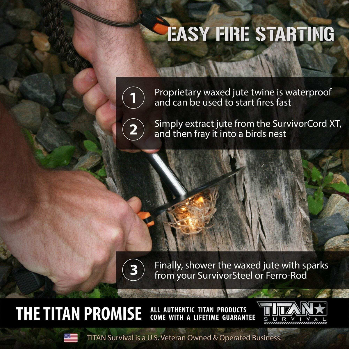 SurvivorCord XT Paracord demonstrating easy fire starting with waterproof waxed jute tinder.