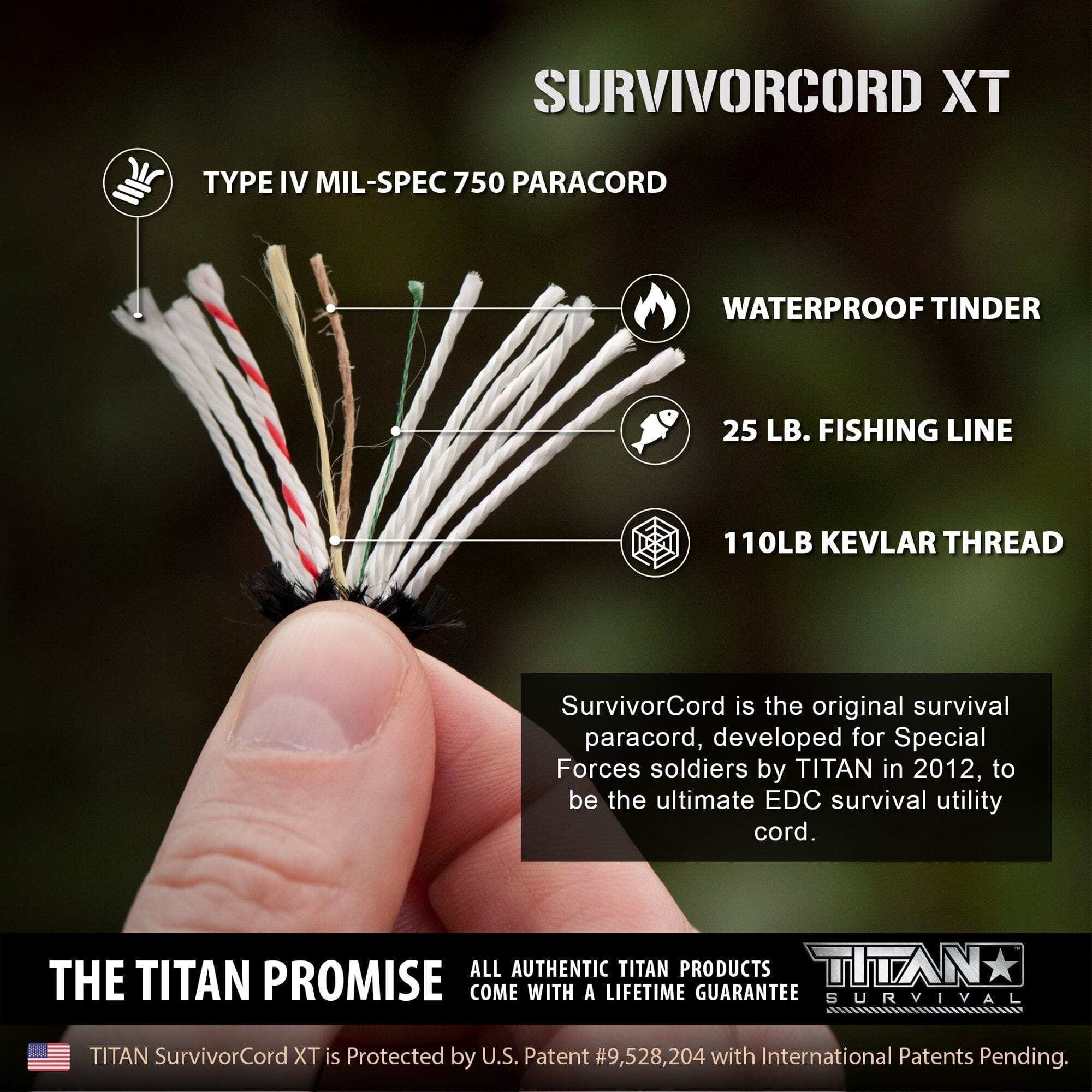 SurvivorCord XT Paracord, 100 ft, with Kevlar, fire tinder, and fishing line.