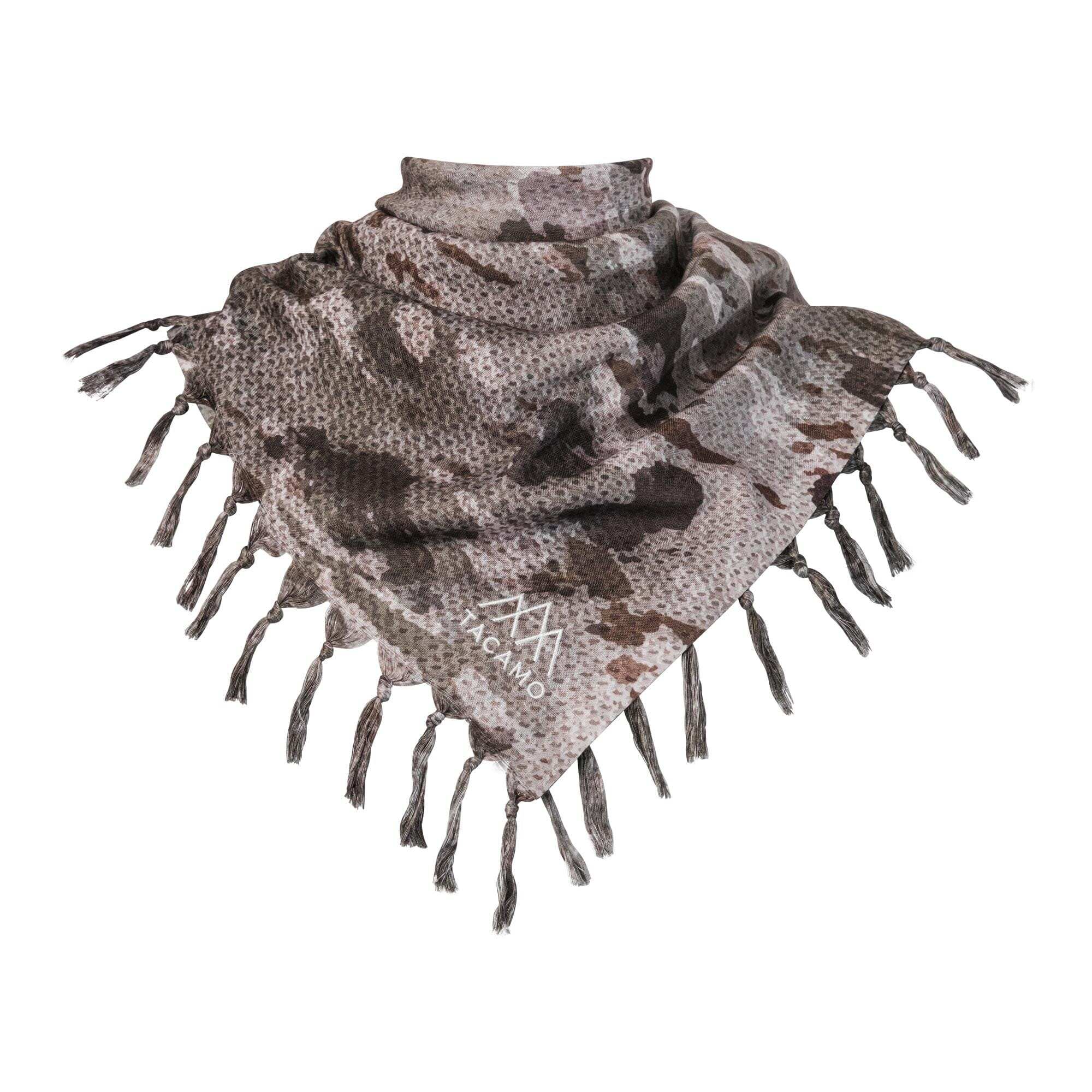 TACAMO® Shemagh Desert Scarf in SHROWD® Camouflage pattern with tassel edges for tactical use.