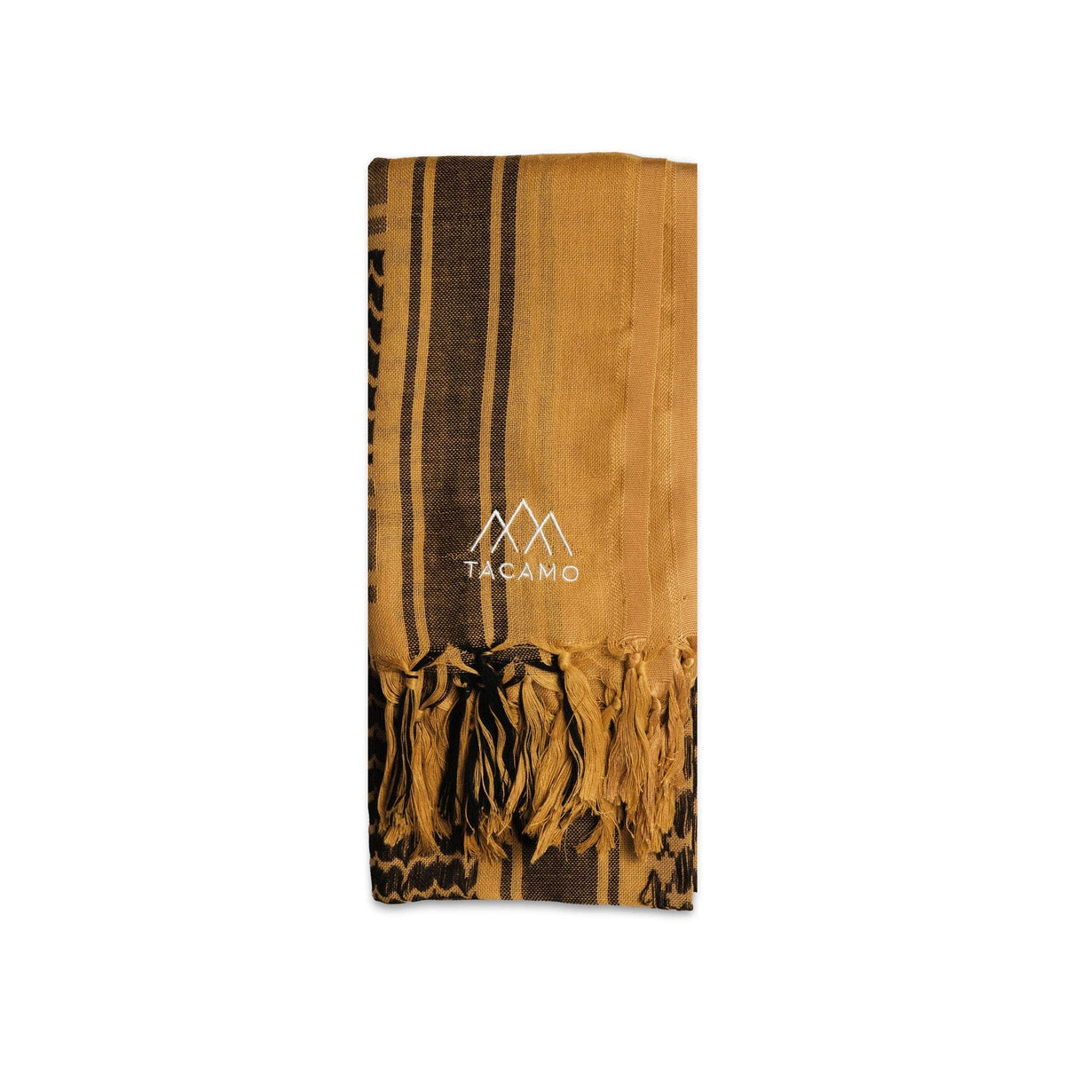 TACAMO Shemagh Desert Scarf in coyote brown with keffiyeh design rolled and folded.