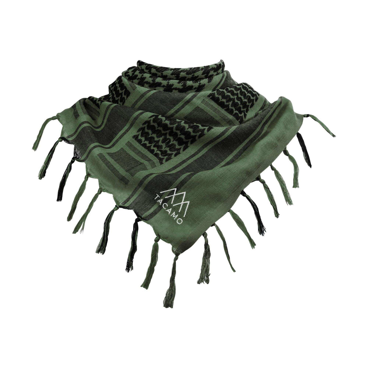 TACAMO® Shemagh Desert Scarf in green and black with tassels, offering tactical protection and style for outdoor adventures.