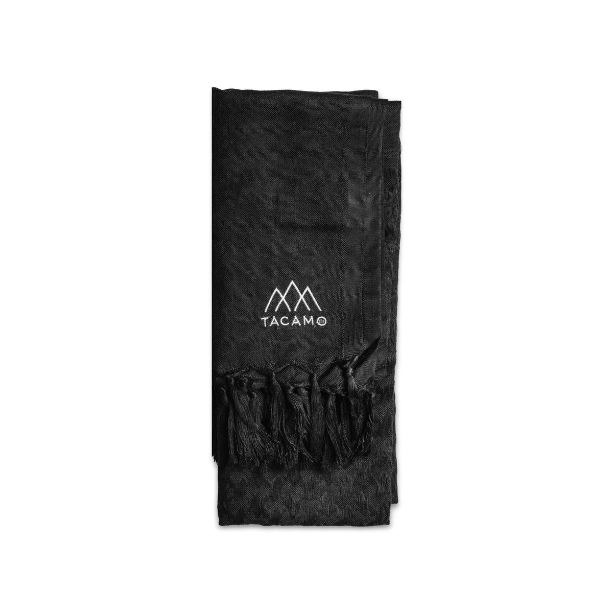TACAMO Shemagh Desert Scarf in black, folded with logo, offering tactical protection and style.