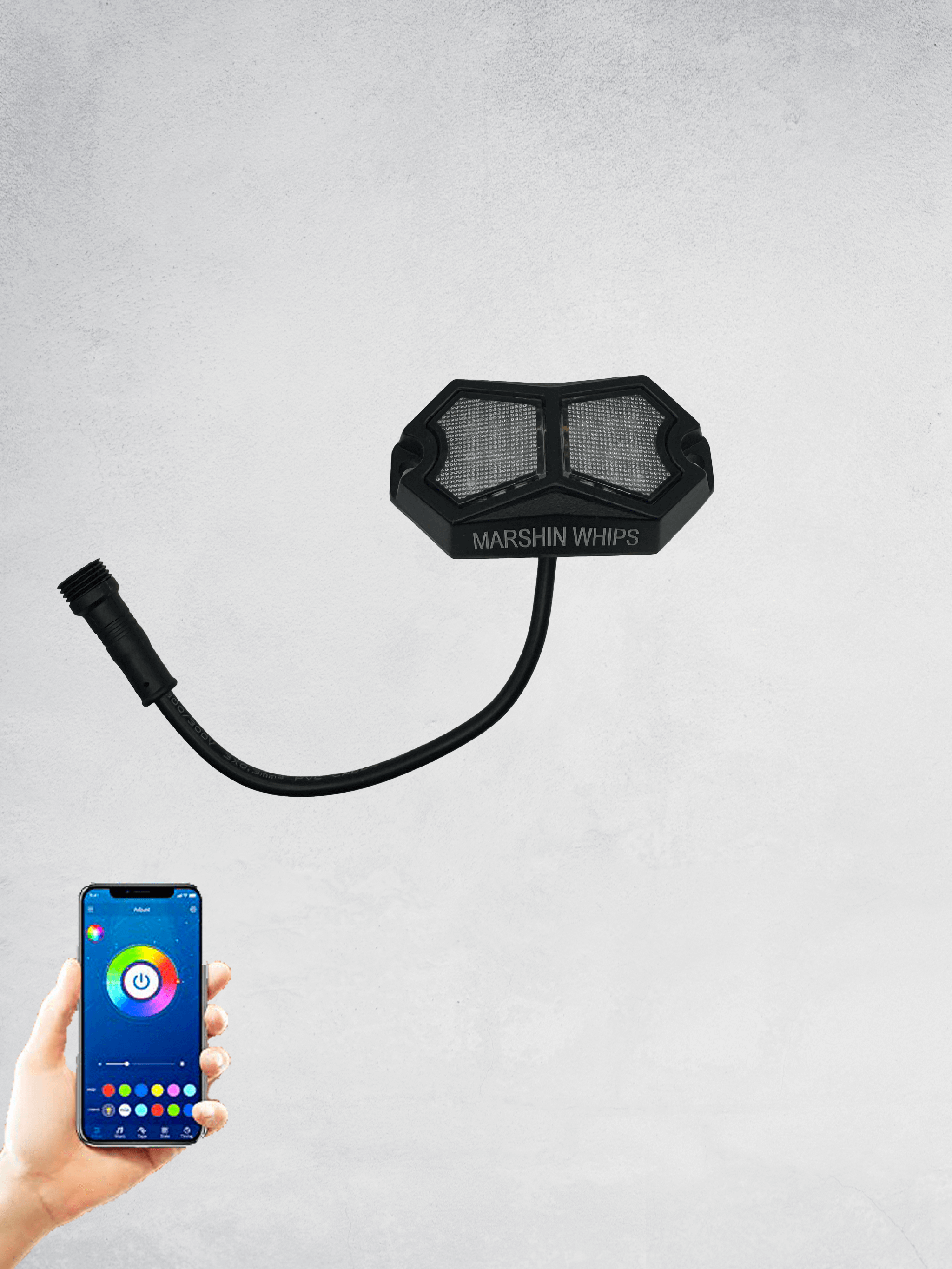 Rosewell X-1 Bluetooth controlled rock light with Marshin Whips branding and smartphone app for customizable colors and dynamic modes