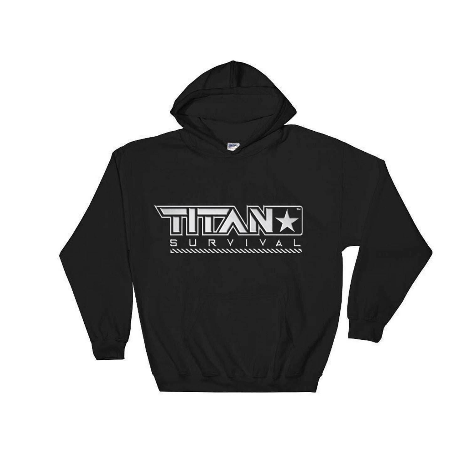 TITAN Survival Hooded Sweatshirt in black, featuring durable, soft fleece fabric with brand logo, ideal for warmth and comfort.