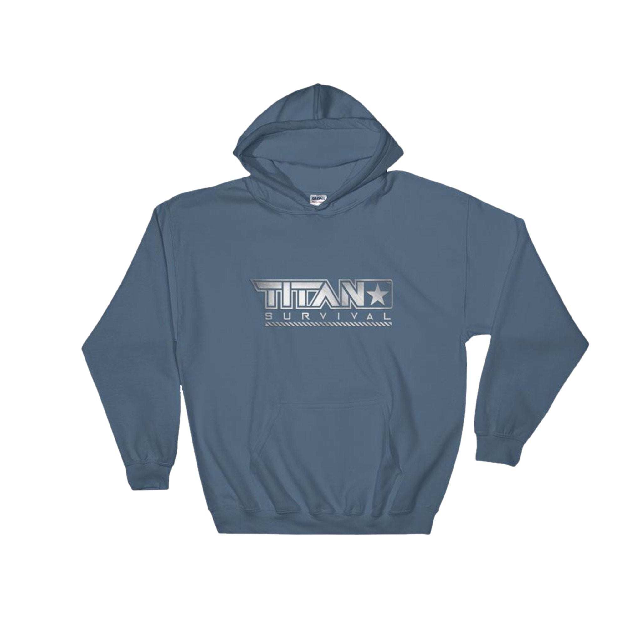 TITAN Survival Hooded Sweatshirt in blue with logo print, featuring durable fabric and double-lined hood for warmth and comfort.