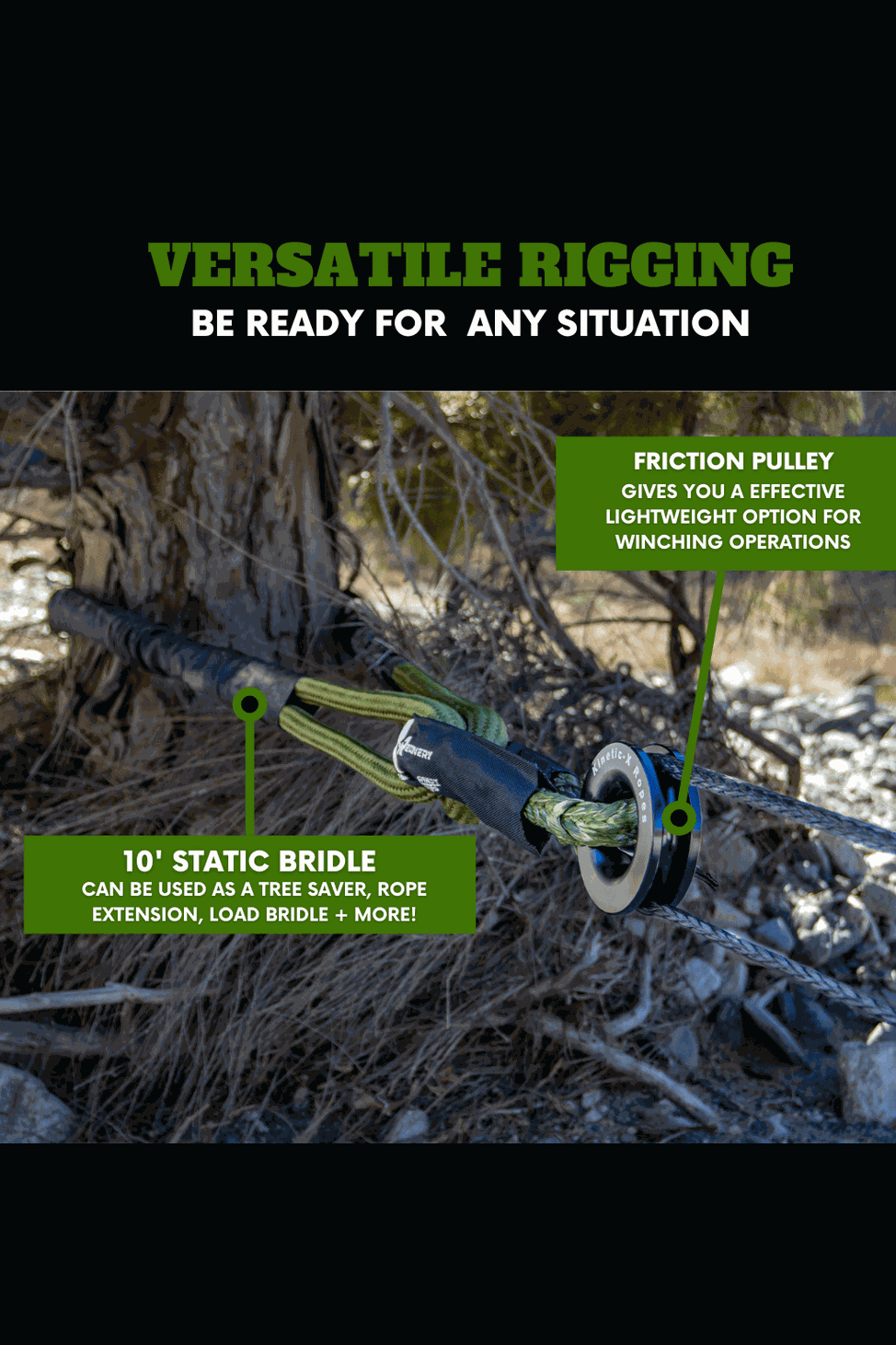 Titan Recovery Kit with friction pulley and 10' static bridle for versatile rigging solutions.