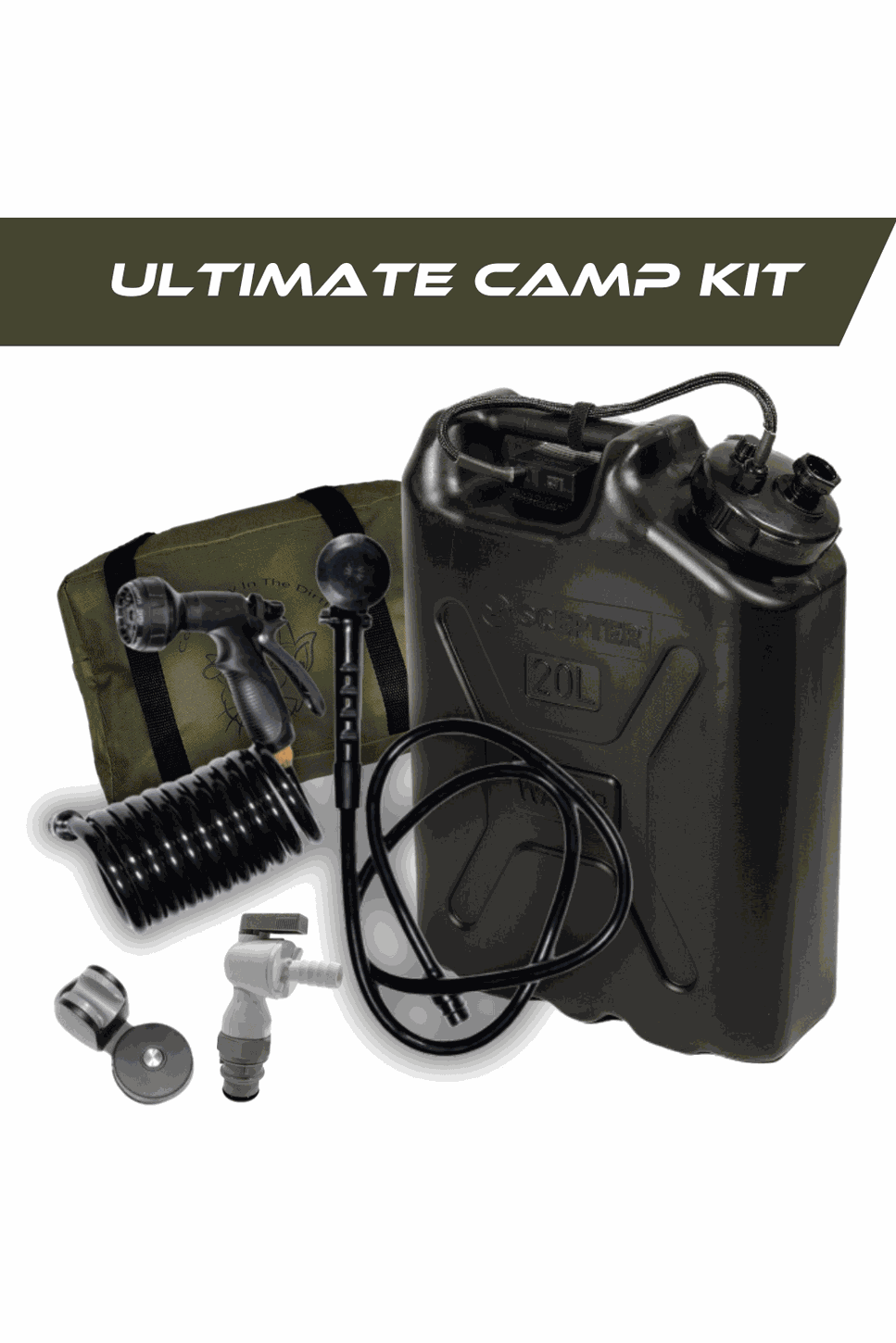 Ultimate Camp Kit with Scepter tank, shower head, battery pump, and connectors.