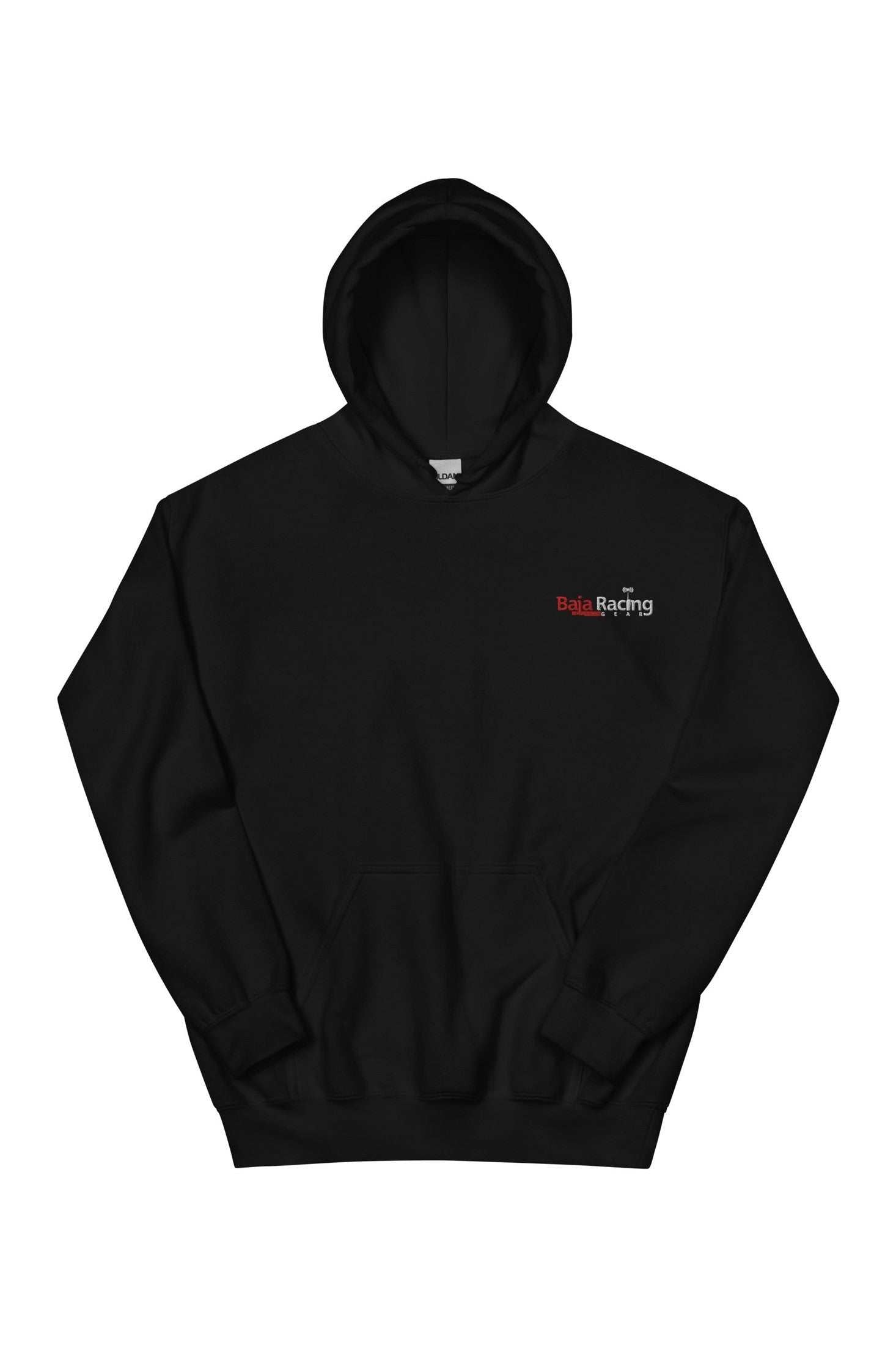 Unisex black hoodie with Baja Racing Gear logo, featuring a front pouch pocket and double-lined hood. Premium cotton-polyester blend for comfort and durability.